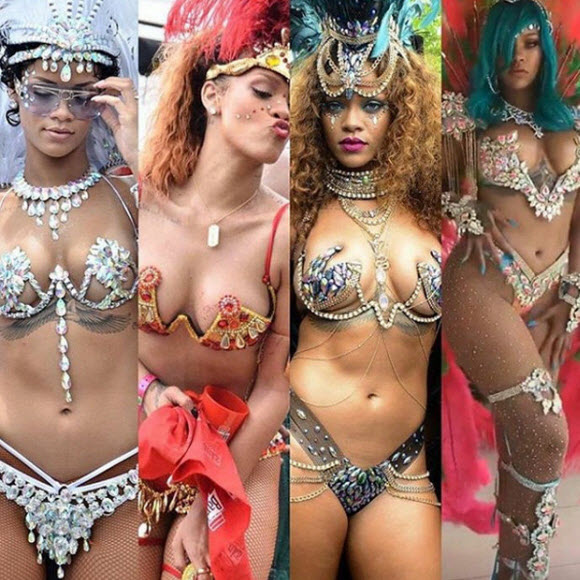 Rihanna Flaunts Her Boobs In Jeweled Bikini During Barbados Festival