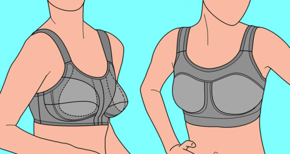 Sports bras using the encapsulation (left) and compression (right) methods to reduce movement.